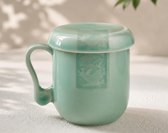 Celadon Tea Mug with Lid and Infuser | Handmade Pottery Mug
