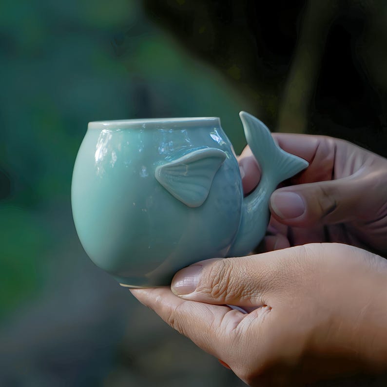 May include: A light teal ceramic mug shaped like a whale. The mug features a fin on the side and a tail for a handle. The mug has a smooth, glossy finish and is designed for beverages.
