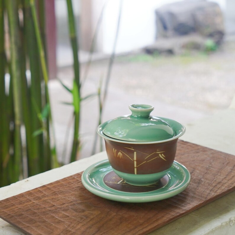 Gongfu Tea Set with Lid and Saucer – Oriental Chinese Tea Cup for Ceremony – Handmade Celadon Gaiwan – Zen Tea Gift Idea image 10