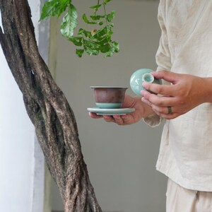 Gongfu Tea Set with Lid and Saucer – Oriental Chinese Tea Cup for Ceremony – Handmade Celadon Gaiwan – Zen Tea Gift Idea image 7