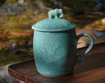 Elephant Tea Mug with Lid – Handmade Celadon Cup 12oz, Ceramic Elephant Coffee Mug, Gift for Tea Lovers & Mindfulness
