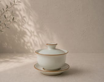 Handmade Ivory Porcelain Gaiwan – 180ml Gongfu Tea Cup Set with Lid & Saucer | Longquan Celadon | Chinese Tea Ceremony Gift