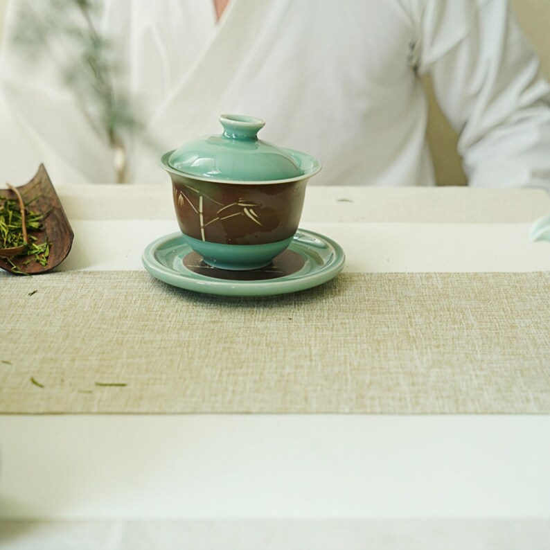 Gongfu Tea Set with Lid and Saucer – Oriental Chinese Tea Cup for Ceremony – Handmade Celadon Gaiwan – Zen Tea Gift Idea image 11