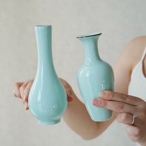 Celadon Vase Pair – Handmade Longquan Pottery – Wabi Sabi Green Ceramic Vases – Oriental Home Decor – Gift for Zen Collector