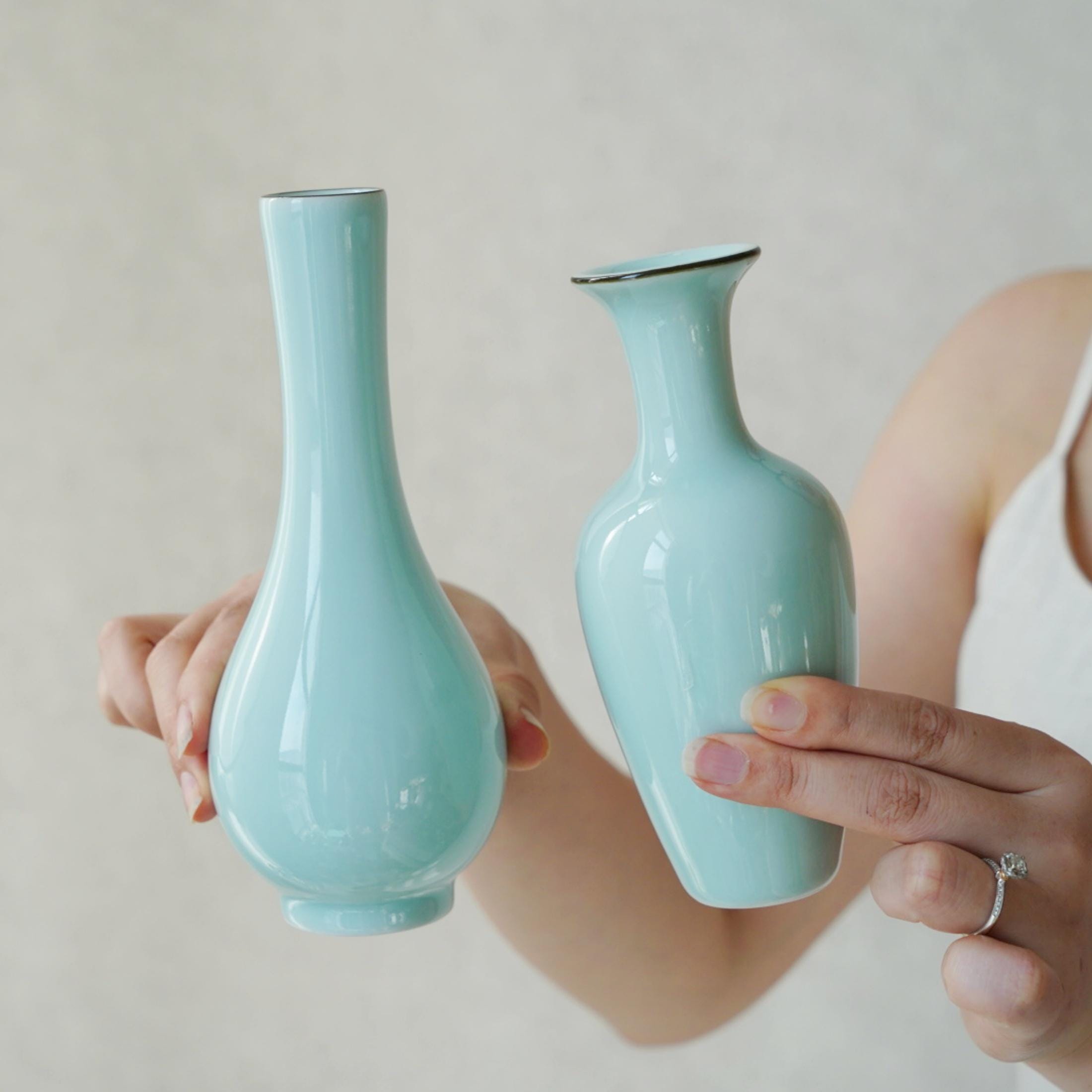 Celadon Vase Pair – Handmade Longquan Pottery – Wabi Sabi Green Ceramic Vases – Oriental Home Decor – Gift for Zen Collector