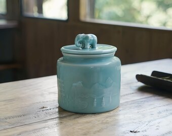 Elephant Tea Jar with Lid – 15oz Celadon Ceramic Tea Canister, Feng Shui Lucky Elephant Tea Caddy, Handmade Oriental Gift Storage Jar