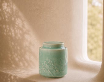 Custom Tea Canister, Lotus Celadon, Loose Leaf Storage, Engraved