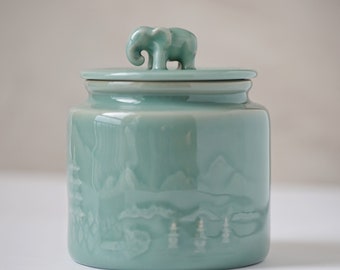 LONG QUAN  CELADON —Elephant Storage Jar With Lid /Tea Container/Coffee Jar/Sugar Jar/Kitchen Canister/Tea Canisters /Kitchen Storage Gift