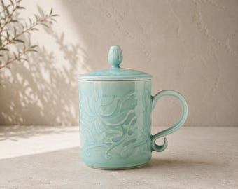Floral Celadon Mug with Lid | Pottery Mug | Hidden Message Mug