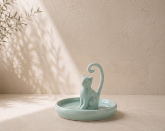 Cat Ring Holder | Celadon Kitty Ring Dish | Cat Lover Gift