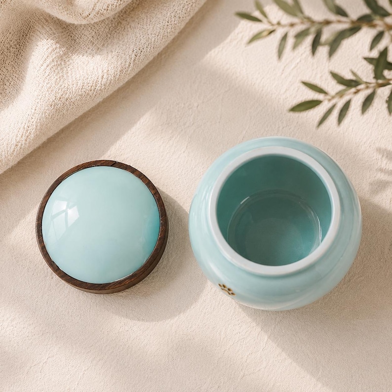 Peut inclure: Un pot en c&eacute;ramique bleu clair avec un couvercle assorti dot&eacute; d'un bord en bois brun fonc&eacute;. Le pot pr&eacute;sente une finition lisse et brillante ainsi qu'une forme arrondie. Un petit d&eacute;tail en forme de patte brun fonc&eacute; est visible sur le c&ocirc;t&eacute;.