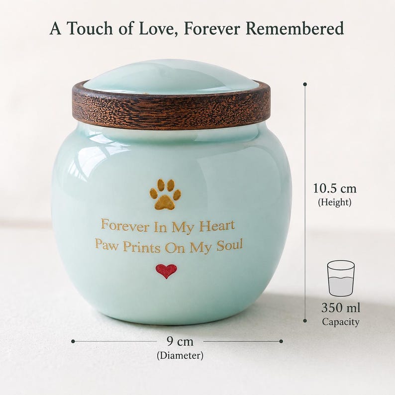 Peut inclure: Une urne en c&eacute;ramique bleu clair avec un couvercle en bois fonc&eacute;. Le texte indique A Touch of Love, Forever Remembered et Forever In My Heart Paw Prints On My Soul, avec une patte dor&eacute;e et un c&oelig;ur rouge. Hauteur 10,5 cm, diam&egrave;tre 9 cm, capacit&eacute; 350 ml.