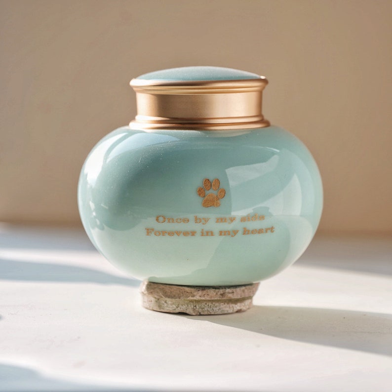 Puede incluir: Urna para mascotas de cer&aacute;mica azul claro con tapa y borde dorados. La urna tiene una huella de pata y la inscripci&oacute;n dorada "Once by my side, Forever in my heart". Descansa sobre una base de piedra.
