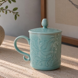 Floral Celadon Mug with Lid | Pottery Mug | Hidden Message Mug
