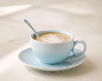 Porcelain Espresso Cup and Saucer Set with Spoon – Handmade Celadon Green Coffee Cup, Boho Zen Gift