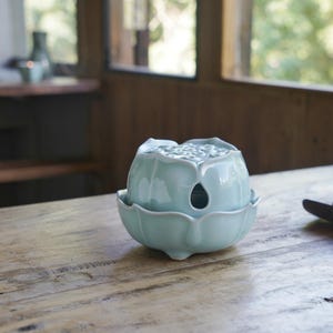 Lotus Incense Burner, Ceramic Celadon Holder, Meditation Gift, Yoga Decor, Aromatherapy Burner, Zen Home Ornament, Relaxation Gift