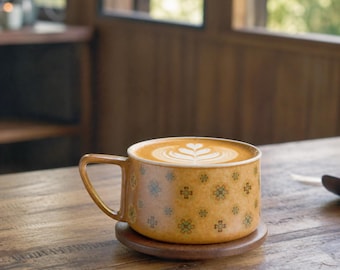 Custom Hand Painted Coffee Mug with Wood Saucer, Personalized Vintage Tea Cup Gift