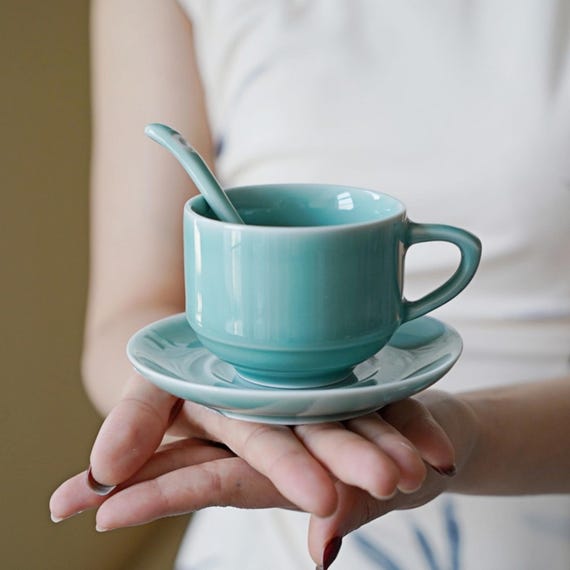 Vicrays Ceramic Espresso Coffee Cups Set 4 Oz Porcelain Espresso Cups Set 4 Oz Porcelain Saucers Spoons Metal Stand Tea Cafe Cappuccino Latte 6 Blue