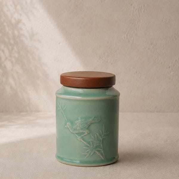 Celadon Tea Caddy, Hand-Carved Bird & Bamboo, Ceramic Canister