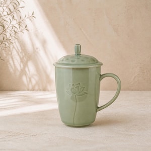 Puede incluir: Una taza de cerámica verde salvia con tapa a juego. La taza presenta un diseño de flor de loto y un asa. La tapa tiene un pequeño pomo y varios agujeros pequeños. La taza mide aproximadamente 10 cm de alto.