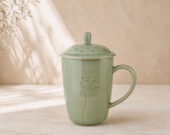 Lotus Mug with Lid | Pottery Mug | Hidden Message Mug Gift