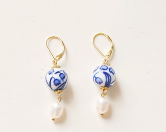 Lily of the Valley Blue and White Porcelain Earrings with Freshwater Pearls, Elegant Leverback Earrings