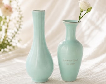 Personalized Flower Vase Set of 2, Celadon Ceramic Anniversary Gift for Couple