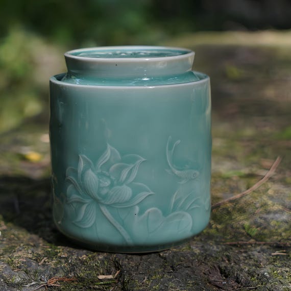 Handmade Celadon Tea Canister – Lotus Carved Longquan Porcelain | Loose Leaf & Herb Storage Jar with Lid | Asian Ceramic Gift