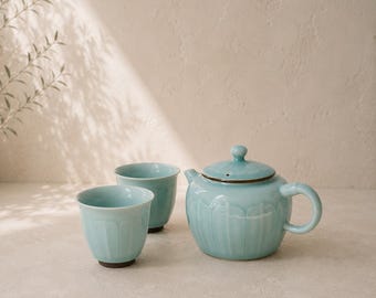 Handmade Celadon Tea Set – Carved Lotus Teapot & 2 Cups |  Sage Green Longquan Porcelain | Herbal Tea Lover Gift, Gongfu Teaware