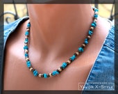 Raw turquoise necklace, Turquoise beach necklace, Mens surf necklace, Mens beaded necklace, Summer necklace, Coconut necklace, Wood beads