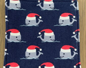 4 Santa Whale Fabric Coasters