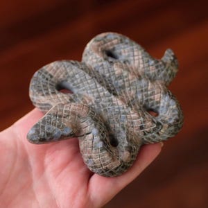 May include: A carved stone snake sculpture in shades of grey, blue, and brown. The snake is coiled, with detailed scales and a textured surface. The sculpture is held in a hand against a blurred brown background.