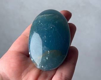 Lemurian Aquatine Calcite Palm | Blue Onyx Crystal Palmstone