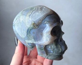 Geode Moss Agate Crystal Skull | Large Moss Agate Skull