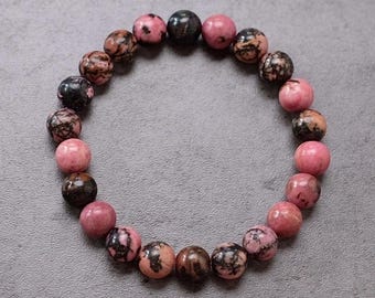Pink Rhodonite Bracelet | Black & Pink Rhodonite Crystal Stretch Bracelet