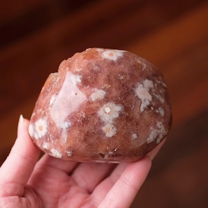 Può includere: Una pietra levigata e arrotondata di una profonda tonalità bruno-rossastra, caratterizzata da distintive inclusioni chiare a forma di stella o di fiore sparse sulla superficie. Il campione minerale ha una consistenza liscia e semitraslucida.
