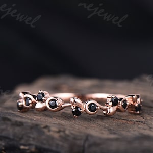 Round real black diamond nature inspired ring 14K rose gold ring half eternity ring anniversary gift unique promise wedding ring for women