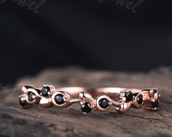 Round real black diamond nature inspired ring 14K rose gold ring half eternity ring anniversary gift unique promise wedding ring for women