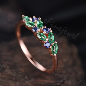 Marquise green emerald and blue sapphire wedding band 18k rose gold multi color gemstone promise ring for her unique custom engagement gift