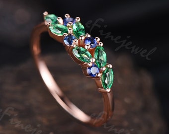 Marquise green emerald and blue sapphire wedding band 18k rose gold multi color gemstone promise ring for her unique custom engagement gift