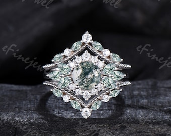 3pc Round cut Moss Agate wedding ring set unique agate engagement ring set floral halo moissanite marquise cut green crystal ring for women