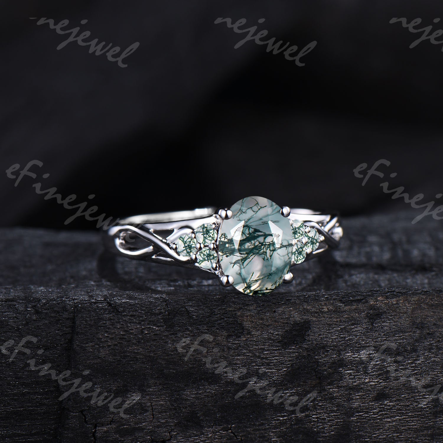 Vintage 1.5CT Oval moss agate engagement ring cluster green agate celtic love platinum wedding ring unique handmade proposal gifts for women