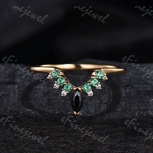 Vintage emerald moissanite wedding band curved V black spinel wedding ring unique crown promise stacking band  Handmade Proposal Gifts Women