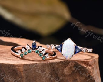 Anello di fidanzamento con opale da laboratorio esagonale, set da sposa in oro rosa con zaffiro trilione