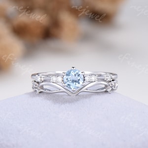 Dainty 5mm round aquamarine engagement ring set pave set moissanite ring March birthstone wedding set cute elegant aquamarine ring set women