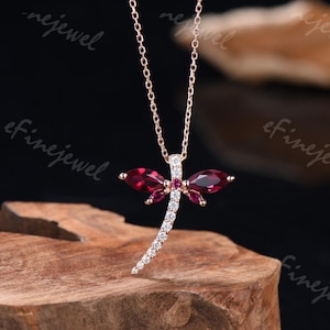 Vintage Dragonfly Necklace, Lab Ruby & Moissanite, 14k Rose Gold Pendant