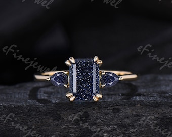 Retro 8 prongs emerald cut black sandstone ring vintage galaxy goldstone engagement ring three stone  promise ring women anniversary gift