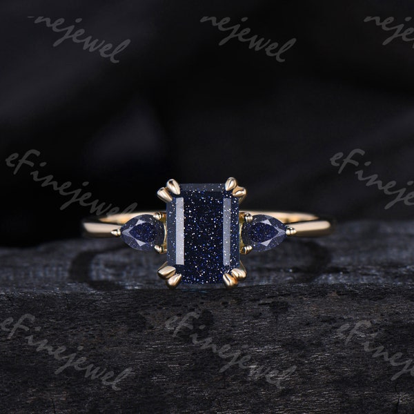Retro 8 prongs emerald cut black sandstone ring vintage galaxy goldstone engagement ring three stone  promise ring women anniversary gift