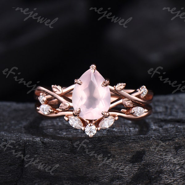 Nature Inspired rose quartz engagement ring set vintage pink crystal diamond leaf wedding ring set unique twig promise bridal set for women