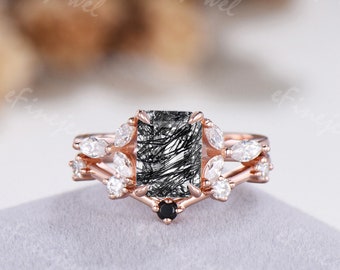 Retro Emerald cut black rutilated quartz engagement ring set Vintage Marquise Cut Moissanite Diamond Wedding set art deco spinel bridal Set